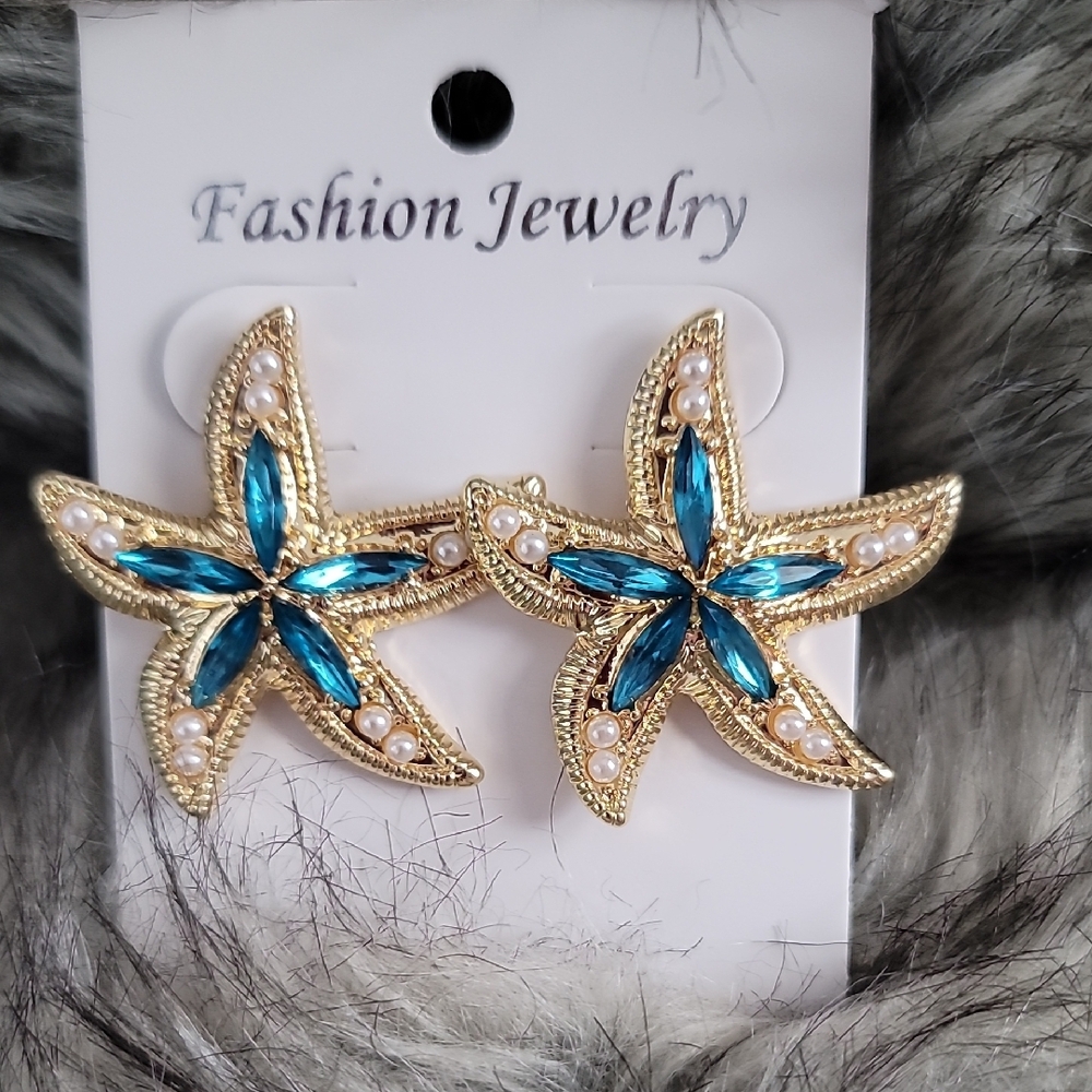 Gold and Blue Starfish Earrings - Picture 6 of 6
